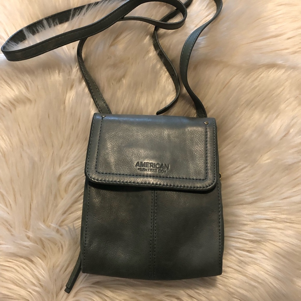 American Leather Co. blue green gray leather crossbody with built in wallet
